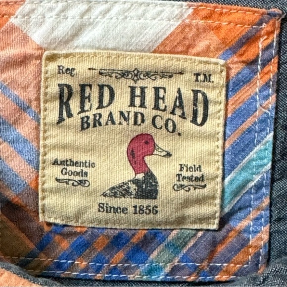 Red Head Shirt Short Sleeve Men's 3XL Orange Blue Madras Plaid Button Up - Picture 8 of 8